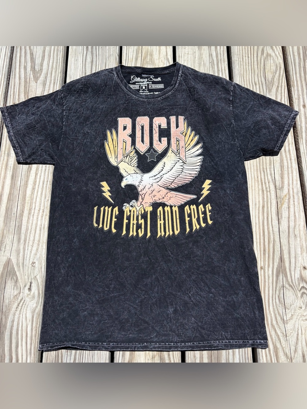Glittering South Rock And Roll Graphic Print Black Acid Wash Crew Neck T-Shirt M